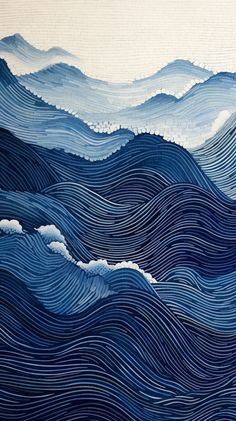 an abstract painting with blue waves and white clouds