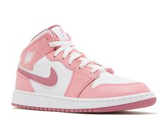 These Jordan 1 Mid’s for kids are pink and white in color hence it’s name. The base of the shoe is all white leather with pink leather overlays. The swooshes, outsole, and inner sick lining are mauve oink in color that beings subtle contrast to the lighter pink overlays. They come with white laces in them and the signature Air Jordan logo is on the side of the shoe in white. Jordan 1 Mid Valentines Day, Valentine Day Offers, Air Jordan 1 Mid Gs, Jordan Logo, White Jordans, Jordan Retro 1, Flight Club, Sneaker Stores, Retro 1