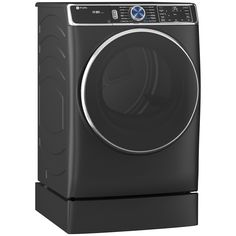 the front load washer is shown in black, with an automatic dryer on top