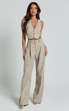 Izara Trousers - Mid Rise Relaxed Straight Leg Tailored Trousers in Oatmeal | Showpo USA Mode Hippie, Beige Vest, Tailored Clothes, Neutral Outfit, Looks Vintage, Tailored Trousers, Look Fashion