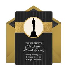 a black and gold oscars party card with an image of the statue on it