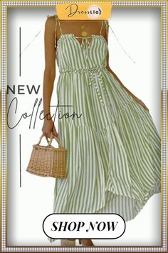 Striped Backless Lace-up Vacation Maxi Dress Chic Striped Dress For Beach Season, Casual Strappy Beach Dresses, Chic Strappy Spring Dresses, Chic Spring Strappy Maxi Dress, Chic Strappy Sundress For Vacation, Chic Strappy Midi Dress For Spring, Spring Vacation Strappy Midi Dress, Striped Midi Dress For Summer Vacation, Green Strappy Spring Dress