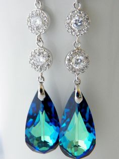 Peacock Wedding Earrings Long Blue Wedding by EstyloJewelry Elegant Blue Crystal Wedding Earrings, Elegant Blue Crystal Earrings For Wedding, Blue Sterling Silver Earrings For Wedding, Formal Blue Dangle Bridal Earrings, Blue Dangle Bridal Earrings For Formal Occasions, Blue Crystal Earrings For Wedding, Dazzling Blue Crystal Earrings, Blue Cubic Zirconia Crystal Earrings For Wedding, Blue Bridal Earrings For Formal Occasions