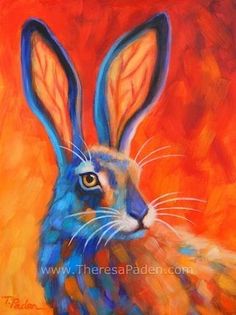 a painting of a blue rabbit on an orange background