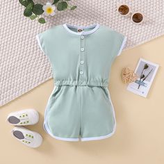 9M-4Y Irregular-Pocket Button-Up Color-Block Non-Patterned Jumpsuit Wholesale Baby Clothes Jumpsuit Shorts, Summer Jumpsuit, Pocket Jumpsuit, Rompers For Kids, Jumpsuit Summer, Age 12, Short Jumpsuit, Button Design