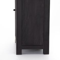 a black cabinet with an open door on the front and back sides, against a white background