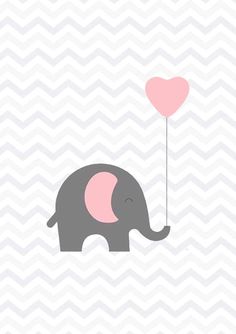 an elephant holding a heart shaped balloon on a white and gray chevron pattern background