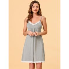 This mini nightgown has no Chest Pads. This stretchy pajamas dress for women is soft, lightweight, breathable and comfortable to wear as. This dress designed with solid color and v-neck with lace makes the sleepwear beautiful, and you have different color choice to match it with your heart. No matter the cozy bedtime, casual home relax, laze afternoon, comfy bath, the soft and lightweight women's nightdress could company with you all the time. It's good choice to be a perfect gift for your mom, Spring Mini Length Loungewear Sleepwear, Spring Camisole Nightgown For Sleep, Cotton Nightgown With Spaghetti Straps For Sleep, Cotton Camisole Nightgown For Sleep, Spring Sleepwear Camisole For Sleeping, Cotton Spaghetti Strap Nightgown For Loungewear, Spring Camisole Nightgown For Loungewear, Spring Mini Length Sleepwear, Spaghetti Straps Nightgown With Lace Trim For Loungewear