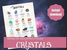 the book of shadows pages for crystals is displayed in front of a galaxy background with pink text