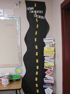 a bulletin board with post it notes on the wall next to a desk and chair