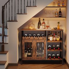 a wine rack with bottles and glasses on it in front of a stair case next to a banister