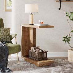 a living room scene with focus on the end table and basket under the lamp,