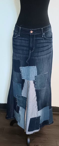 Repurposed Patchwork Jean Skirt- Size 16, Upcycled Denim Skirt, Long Jean Skirt, Christmas Gift For Women, Vintage Jean Skirt, Jeans This fun skirt is made of slightly used jeans. A short upcycled patchwork skirt made of various shades of denim. Made with abrasions and frayed jeans. Denim pieces have been reused to create a beautiful unique skirt. All my works are sewn only by me I can custom-make this skirt for you in your pants size.  Yours will vary slightly, but it will be really similar. I Denim Patchwork Long Skirt, Fitted Dark Wash Patchwork Denim Skirt, Dark Wash Patchwork Cotton Skirt, Dark Wash Cotton Patchwork Skirt, Cotton Patchwork Skirt In Dark Wash, Recycled Denim Patchwork Denim Skirt, Recycled Denim Patchwork Skirt, Denim Blue Patchwork Skirt From Recycled Denim, Patchwork Denim Skirt In Recycled Denim Blue