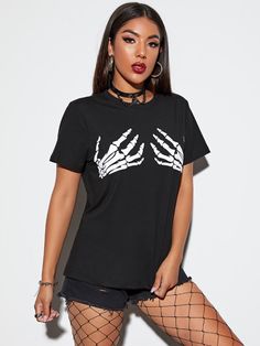 Skeleton Hand Print Tee | SHEIN USA Punk Skeleton, Printed Tee Women, Skeleton Hand, Skeleton Hands, Latest T Shirt, Women T Shirts, Custom Tees, Print Tee, Hand Print