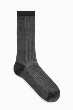 Made with metallised fibres, these shiny ribbed socks have a subtle sheer finish with solid contrast heels and ribbed cuffs. 74% Polyamide (Nylon), 26% Metallised fibre / Machine wash cold Ribbed Socks, Sheer Socks, Woman Silhouette, Knitwear Men, Sock Shop, Socks And Tights, Blue Hues, Summer Dresses For Women, Mens Summer