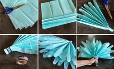 four pictures showing how to make tissue paper flowers