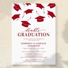 graduation party card with red caps and tassels on it, in front of a beige background