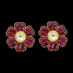 Tops Gold Earrings, Ruby Round Fusion Earrings, Traditional Multicolor Ruby Earrings, Ruby Gemstone Round Earrings, Ruby Flower Earrings, Ruby Top, Ruby Earring, Tops Gold, Ceremonial Ruby Meenakari Earrings