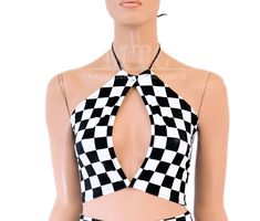 Checkerboard Racing Check Black White Chekered FLag Keyhole Key Hole Corset lacing adjustable size boho Rave Festival Halter Top - MTCoffinz This keyhole halter top is made with soft and stretchy holographic lycra. The top laces in the back with hand set industrial grommets. The whole thing is stretchy so you can move freely and comfortably. Safe for the washing machine and dryer. The standard size fits A-D sizing and the Full size will fit D-F. If you require a fuller bust or most coverage (lon Rockabilly Fashion Outfits, Corset Lacing, Washing Machine And Dryer, Womens Halter Tops, Keyhole Top, Corset Lace, Rave Festival, Rockabilly Fashion, Halter Tops