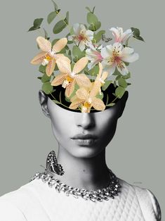 a woman's head with flowers in the shape of her face and butterfly on it