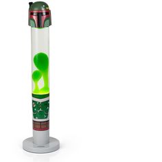 a green and white tube with a star wars character on the side, sitting on a stand