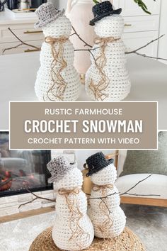 two crocheted snowmen sitting on top of a table