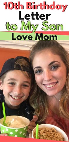 A Letter to My Son on His 10th Birthday (From Mom); image of mom with ten year old boy smiling eating ice cream Ten Year Old Birthday, Birthday Interview Questions, 10th Birthday Boy, Birthday Quotes Kids, A Letter To My Son, Mother To Son, Birthday Msgs