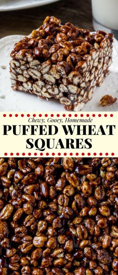 two squares of granola sitting on top of each other with the words puffed wheat squares