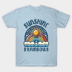 Fun retro look, summery design with the Sun and a Rainbow. Slightly worn look with stars and cloud detail and text. -- Choose from our vast selection of Crewneck and V-Neck T-Shirts to match with your favorite design to make the perfect graphic T-Shirt. Pick your favorite: Classic, Boxy, Tri-Blend, V-Neck, or Premium. Customize your color! For men and women. Blue Slogan T-shirt For Summer, Retro Summer T-shirt With Slogan, Trendy Rainbow T-shirt For Summer, Trendy Rainbow Summer T-shirt, Summer Rainbow Graphic Print Tops, Rainbow Graphic Print Top For Summer, Rainbow Graphic Print Tops For Summer, Summer Rainbow Short Sleeve T-shirt, Retro Slogan T-shirt For Summer