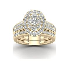 a yellow gold engagement ring set with two rows of diamonds on the band and an oval shaped