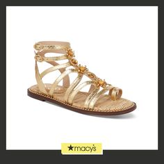 in stock Designer Embellished Sandals For Spring, Luxury Gold Sandals With Adjustable Fit, Luxury Gold Adjustable Sandals, Luxury Adjustable Gold Sandals, Embellished Gold Leather Sandals, Gold Embellished Leather Sandals, Spring Leather Sandals Embellished, Gladiator Flats, Flat Gladiator Sandals