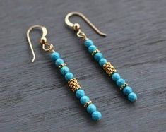 Turquoise And Gold, Earrings Diy, Making Beads, Beaded Dangle Earrings, Bead Jewellery