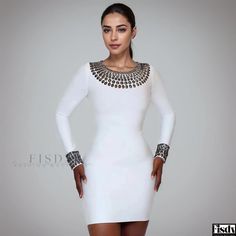 Fisdy - Stylish Long-Sleeve Bodycon Dress with Round Neckline and Embellished Studs Bead Embellishment, Basic Skirt, Wrap Around Skirt, Sleeve Bodycon Dress, Long Sleeve Bodycon, Long Sleeve Bodycon Dress, Dress Short, Types Of Skirts, Olivia Mark