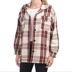 New With Tags Size Small Lucky Brand Plaid Shacket (Shirt-Jacket) Oversized With Pockets, Large Buttons Beige With Red & Blue Plaid Combo Perfect For Fall Or Spring! Casual Red Outerwear With Lapel Collar, Oversized Plaid Outerwear, Red Long Sleeve Shacket For Fall, Shacket Plaid, Grey Denim Jacket, Color Block Coats, Khaki Coat, Motorcycle Jacket Women, Floral Print Blazer