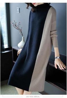 Trendy Fashion Casual Women Sweater Dress Elegant Hit Color Knitted A Line Loose Popular, Sweaters Dresses Tunic Dress For Winter, Midi Sweater Dress Women, Loose Midi Sweater Dress, Long Dresses Casual Sweater, Sweater Shift Dress, Tunic Dress Winter, Long Loose Sweater Dress Layering Helpover It, Loose Winter Dress, Wool Blend Dress