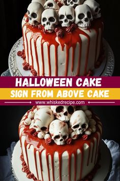 there is a cake with skulls on it and the words halloween cake sign from above