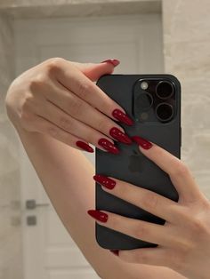 Pearl Red Nails, Rich Nails Aesthetic, Oval Red Nails, Nail Extensions Ideas, Nail Designs Oval, Red Nails Classy, All Red Nails, Red Aesthetic Nails, Simple Classy Nails