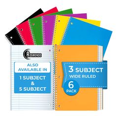 assorted subject notebooks with 5 subject and 6 subject labels on each side, including 3 subject