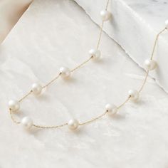 6-6.5mm Cultured Pearl Station Necklace in 14kt Yellow Gold | Ross-Simons Cultured Pearl Bracelet, Pearl Birthstone, Gold Rope Chains, Cultured Pearl Necklace, Bezel Set Diamond, Necklace Pearl, Pearl Set, Station Necklace, Freshwater Cultured Pearls