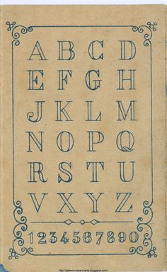 an old - fashioned alphabet is shown in blue ink on parchment paper, with the letter's upper and lower letters