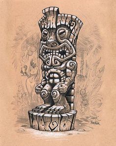 a pencil drawing of a totem pole