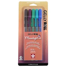 four different colored gel pen set in a package with the packaging on it's side