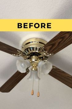 a ceiling fan with the words before and after painted on it's side in yellow