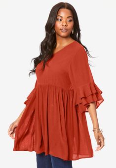 Cut in easy, breezy crinkle crepe, this flutter sleeve tunic with an empire waist is flattering, fashionable and oh-so-comfortable. Pair it with denim, Plus Size Summer Tops, Party Blouse, Big Shirt, Copper Red, Cotton Long Sleeve Shirt, Plus Size Top, Easy Breezy, Crepe Fabric, Empire Waist