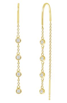 Bezel-set round diamonds bring luxurious sparkle to elegant threader earrings crafted from polished 14-karat yellow gold. Thread-through style Total diamond weight: 0.26ct. 14k gold/diamond Imported Diamond Guide Yellow Gold Bezel-set Dangle Diamond Earrings, Gold Dangle Diamond Earrings With Bezel Setting, Yellow Gold Linear Dangle Earrings With Diamond Accents, Gold Diamond Linear Earrings With Brilliant Cut, Yellow Gold Cubic Zirconia Linear Earrings, Yellow Gold Linear Earrings With Diamond Accents For Anniversary, Yellow Gold Linear Earrings With Diamond Accents, 14k Yellow Gold Linear Earrings With Diamond Accents, Round Linear Earrings With Diamond Accents