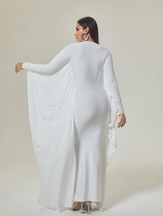 Evening Long Sleeve Maxi Dress With Draped Sleeves, Formal Long Sleeve Maxi Dress With Draped Sleeves, White Billowy Long Sleeve Maxi Dress, White Long Sleeve Stretch Maxi Dress, Flowy Long Sleeve Maxi Dress For Evening, White Stretch Long-sleeve Maxi Dress, Elegant Long Sleeve Maxi Dress With Draped Sleeves, Fitted Long Sleeve Maxi Dress With Draped Sleeves, Fall Evening Long Sleeve White Dress