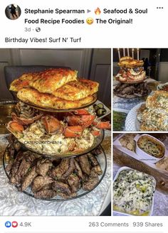 several pictures of food on top of each other, including crab cakes and baked goods