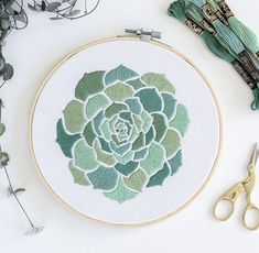 an embroidery project with scissors and thread next to it on a white surface, surrounded by other crafting supplies