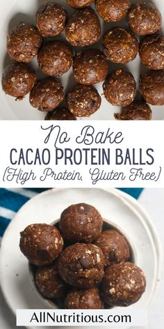 no bake cacao protein balls in a white bowl and on a plate