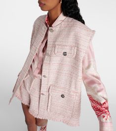 Oversized tweed vest in pink - Versace | Mytheresa Pink Versace, Tweed Waistcoat, Tweed Vest, Oversized Vest, Womens Tweed, Tweed Shorts, Versace Outfit, Twill Shirt, Outerwear Vest